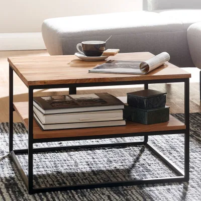 FineBuy Couchtisch quadratisch 60cm Akazie Massivholz Wohnzimmertisch 2 Ablagen