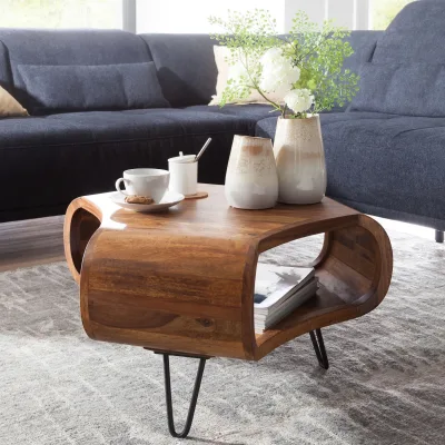 FineBuy Couchtisch Sheesham 55cm Massivholz Wohnzimmertisch Retro Metallbeine