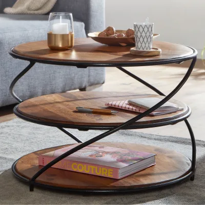 FineBuy Couchtisch Sheesham Massivholz Ø58 cm Ablagen Industrial Wohnzimmertisch