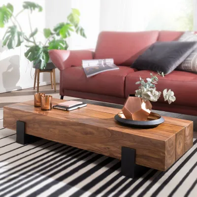 FineBuy Couchtisch Sheesham Massivholz rechteckig 115cm Block Wohnzimmertisch