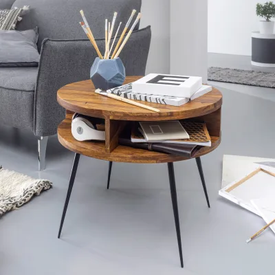 FineBuy Couchtisch Sheesham Massivholz rund Ø 60 cm Wohnzimmertisch Ablage