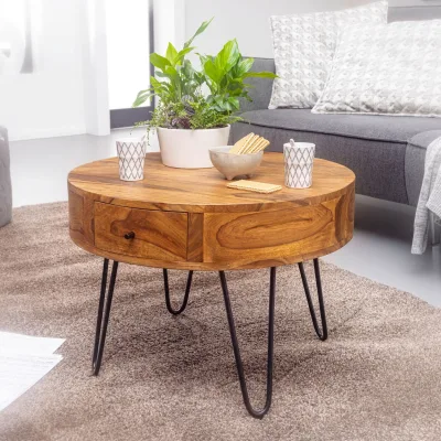 FineBuy Couchtisch Sheesham Massivholz rund Ø 60 cm Wohnzimmertisch Schublade