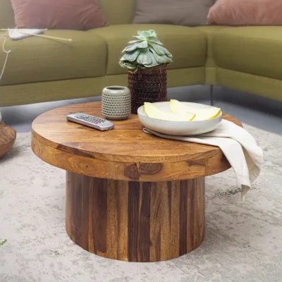 FineBuy Couchtisch Sheesham rund Ø 60 cm Wohnzimmertisch Massivholz 30 cm hoch