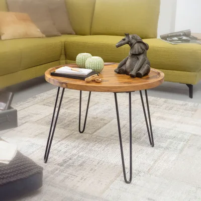 FineBuy Couchtisch Sheesham rund Ø 60 cm Wohnzimmertisch Massivholz Metallbeine
