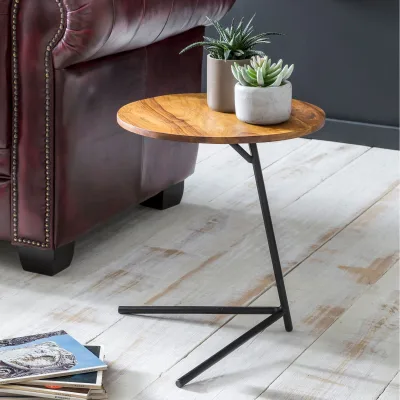 FineBuy Design Beistelltisch Ø 40 cm Couchtisch Sheesham Massivholz Metall