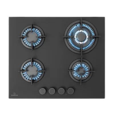 Firetale Gaskochfeld 4-flammig 60 cm Aluminium-Brenner inkl. Schlauch und Druckminderer Schwarz 4 Brenner