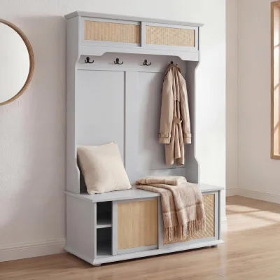Garderobe MCW-P25, Flurgarderobe Holzgarderobe, Melamin Kubu Rattan 163x100x47cm ~ hellgrau