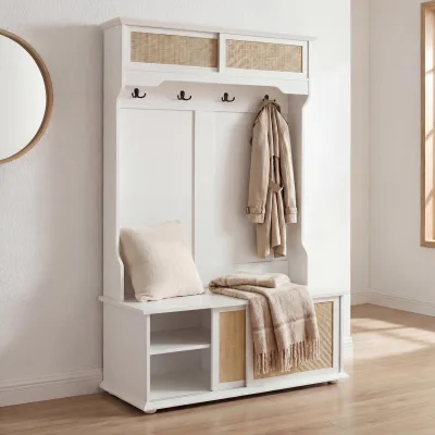 Garderobe MCW-P25, Flurgarderobe Holzgarderobe, Melamin Kubu Rattan 163x100x47cm ~ weiß