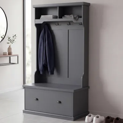 Garderobe MCW-P27, Flurgarderobe Holzgarderobe Sitzbank, 4 Haken Staufach Ablage Melamin 163x100x47cm ~ dunkelgrau