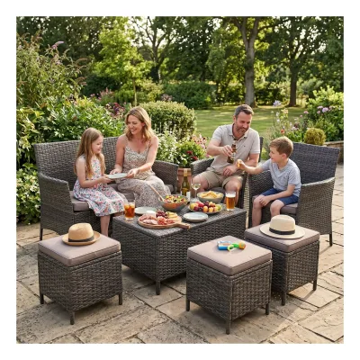 GARMIO® ASTI Rattan Sitzgruppe 6-teilig   Polyrattan Gartenmöbel Set mit 2 Sesseln, 2 Hockern, Bank + Hartglas-Tisch   wetterfest & wasserabweisende Kissen