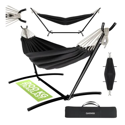 GARMIO® Hängematte anthrazit 270 x 110 x 105 cm, Stahlgestell mit Pulverbeschichtung, 200 kg Tragkraft, klappbar, inkl. Tragetasche & Montageset