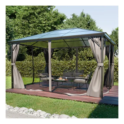 GARMIO® Pavillon 3x4m Garten Überdachung mit Polycarbonat - Dach & Moskitonetz, Seitenteile wasserdicht in anthrazit, mit Metallgestell & Aluminiumrahmen, für Outdoor