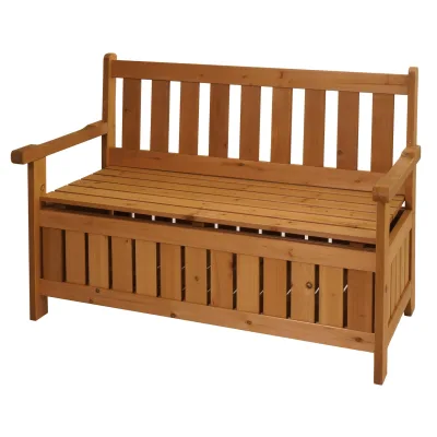 Gartenbank MCW-L68 mit Stauraum, Truhenbank Sitzbank Staufach Aufbewahrung, Outdoor Tanne Holz MVG 114cm, braun