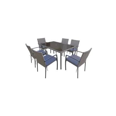 Gartenmöbel Essgruppe Sitzgruppe CARLO 7-Teilig grau aus Rattan mit Kissen Garten Terrasse Balkon
