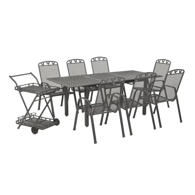Gartentischgruppe Toulouse, 9-teilig, ausziehbar, stapelbar, Servierwagen, Eisenstahl, Kunststoffummantelung, Streckmetall-Design, eisengrau, mit Blatt-Applikationen