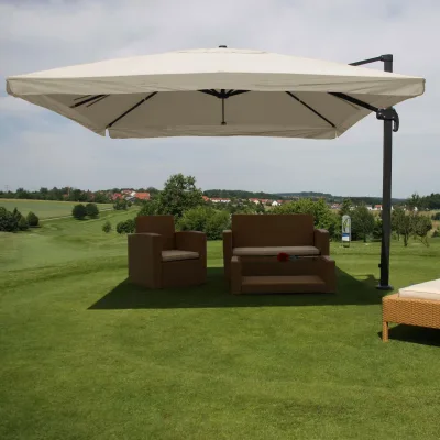 Gastronomie-Ampelschirm MCW-A96, 3,5x3,5m (Ø4,95m) Polyester Alu/Stahl 25kg ~ Flap, creme-grau ohne Ständer, drehbar