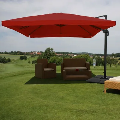 Gastronomie-Ampelschirm MCW-A96, Sonnenschirm, 3x4m (Ø5m) Polyester/Alu 26kg ~ Flap, bordeaux mit Ständer, drehbar