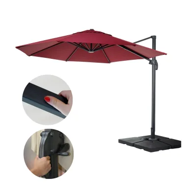 Gastronomie-Ampelschirm MCW-A96, Sonnenschirm, rund Ø 4m Polyester Alu/Stahl 27kg ~ bordeaux mit Ständer, drehbar