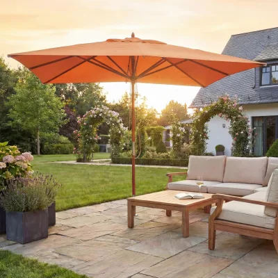 Gastronomie Holz-Sonnenschirm MCW-C57, Gartenschirm, Polyester/Holz 14kg, eckig 3x3m Seilzug stoßsicher ~ terracotta