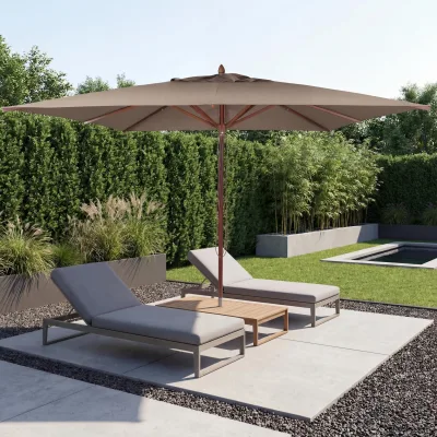 Gastronomie Holz-Sonnenschirm MCW-C57b, Gartenschirm, Polyester/Holz 14kg, eckig 3x3m Seilzug stoßsicher ~ taupe