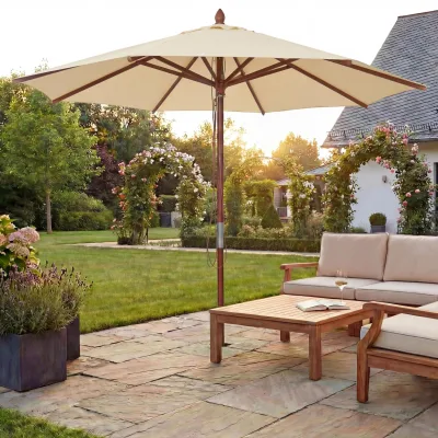 Gastronomie Holz-Sonnenschirm MCW-C57b, Gartenschirm, Polyester/Holz 14kg, rund Ø3m Seilzug stoßsicher ~ creme