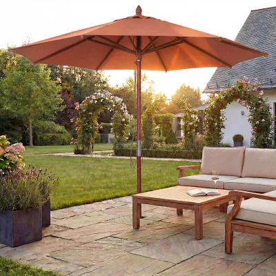 Gastronomie Holz-Sonnenschirm MCW-C57b, Gartenschirm, Polyester/Holz 14kg, rund Ø3m Seilzug stoßsicher ~ terrakotta