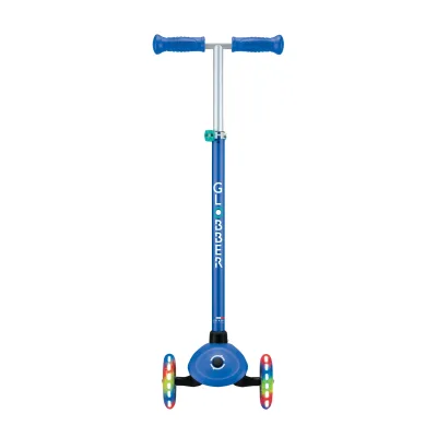 GLOBBER PRIMO PLUS LIGHTS – Tretroller Kinder, 120/80 mm, ABEC 9, 3-rädrig, höhenverstellbar, LED-Leuchtrollen, blau