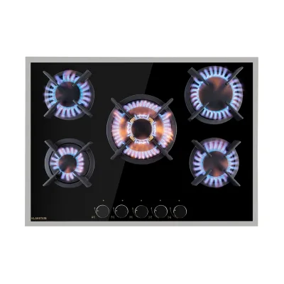 Goldflame 5 Prime Gaskochfeld 5-flammig Messing-Brenner Glaskeramik Schwarz