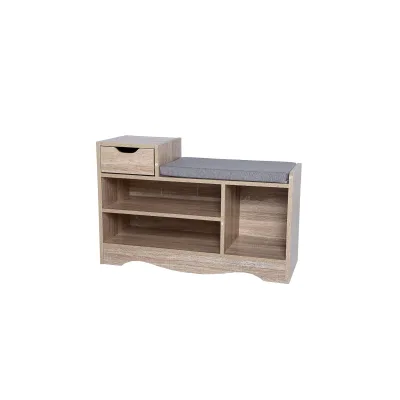 Happy Home Schuhbank mit Sitzkissen & Schublade – Schuhschrank für 6-8 Paar Schuhe – Schuhregal Holz – Sitzbank Flur Eingangsbereich – HFH06-HOL