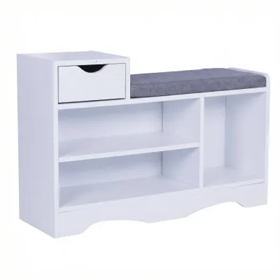Happy Home Schuhbank mit Sitzkissen & Schublade – Schuhschrank für 6-8 Paar Schuhe – Schuhregal Holz – Sitzbank Flur Eingangsbereich – HFH06-WEI