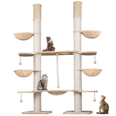 HAPPYPET XXL Kratzbaum-Landschaft für große Katzen - 2-in-1 Aktivitäts- und Sisal-Paradies mit Deckenspanner 280cm hoch   Premium Plüsch   Creme-Beige