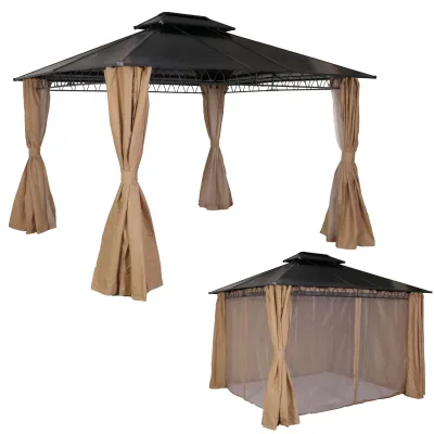 Hardtop Pergola MCW-M81, Pavillon, Aluminium Dachstreben 7cm-Stahlgestell mit Seitenwand und Moskitonetz 3,6x3m ~ creme