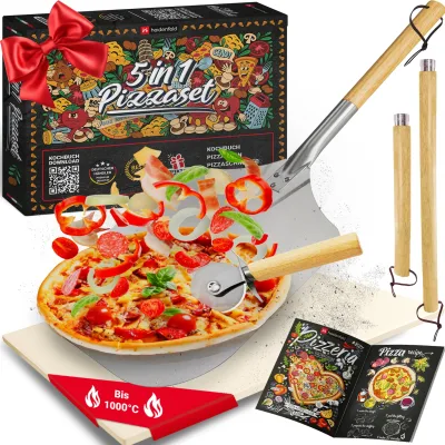 Heidenfeld 5in1 Pizza-Set, Pizzastein, 2in1 Pizzaschieber, Pizzaschneider, Holzgriffe, Pizza-Zubehör