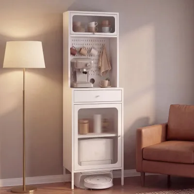 Highboard MCW-P99, Hochschrank Küchenschrank Saugrobotergarage, Staufächer Metall Glas 182x54x40cm ~ weiß