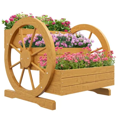 Hochbeet aus Holz, Blumenkasten mit 3 Etagen, Gemüsebeet mit Wagenrad-Dekor