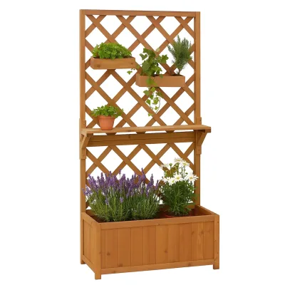 Hochbeet MCW-P68, Pflanz-/Blumenkasten Rankgitter Rankhilfe Ablage Hängekästen Holz MVG 135x70x30cm ~ natur
