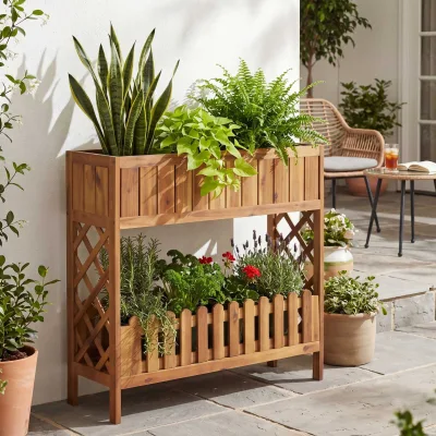 Hochbeet MCW-P83, Blumen-/Pflanzkasten Blumenregal Ablage, Outdoor Akazie Holz MVG-zertifiziert 90x95x31cm ~ braun