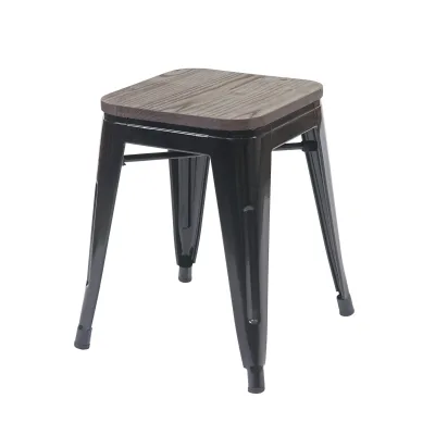 Hocker MCW-A73 inkl. Holz-Sitzfläche, Metallhocker Sitzhocker, Metall Industriedesign stapelbar ~ schwarz