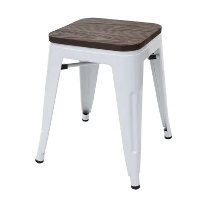 Hocker MCW-A73 inkl. Holz-Sitzfläche, Metallhocker Sitzhocker, Metall Industriedesign stapelbar ~ weiß
