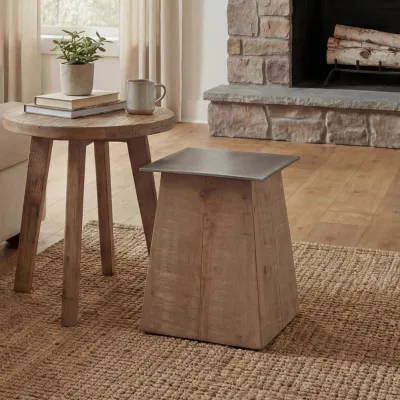 Hocker MCW-L76, Sitzhocker Holzhocker, Industrial Massiv-Holz MVG-zertifiziert, natur mit Metall-Optik