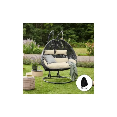 HOME DELUXE Polyrattan Hängesessel mit Regenabdeckung TWIN DELUXE - Schwarz/Creme für 2 Personen