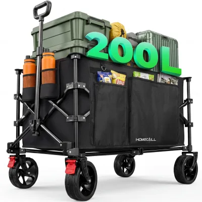 HOMECALL Bollerwagen Handwagen 200L 200kg XXL-Volumen mit praktischer Kühltasche (Schwarz)