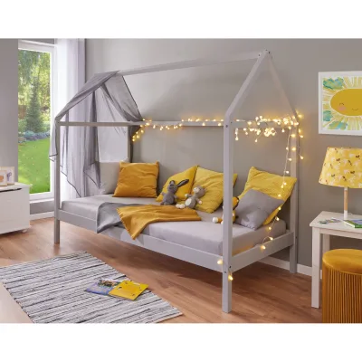 Inter Link Kinderbett Hausbett Sunroad 90x200 cm in Kiefer Massivholz - Hellgrau