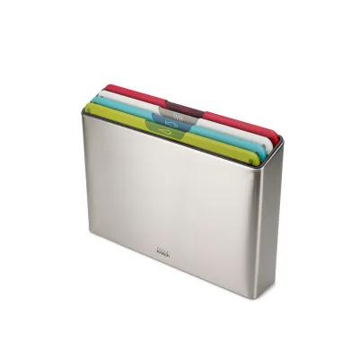 Joseph Joseph Folio Icon Schneidebrett-Set mit Aufbewahrungsbox, rutschfest, farblich gekennzeichnet, 4-teilig, Groß, Edelstahl