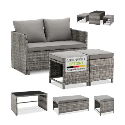 Juskys 2in1 Polyrattan Relax Gartenmöbel Set Jamaika - Lounge für Balkon & Outdoor, Balkonmöbel grau-meliert