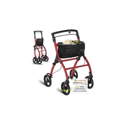 Juskys Aluminium Wohnungsrollator Aktiv - Tasche & Tablett - Rollator schmal & faltbar - Rot