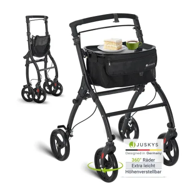 Juskys Aluminium Wohnungsrollator Aktiv - Tasche & Tablett - Rollator schmal & faltbar - Schwarz