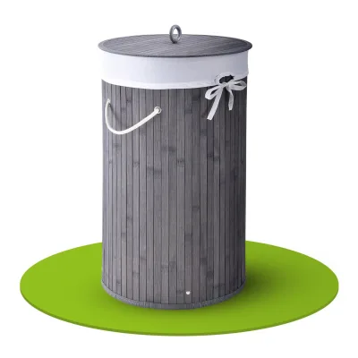 Juskys Bambus Wäschekorb Curly-Round 55 Liter Wäschesammler mit Deckel, Griff & Wäschesack – Grau