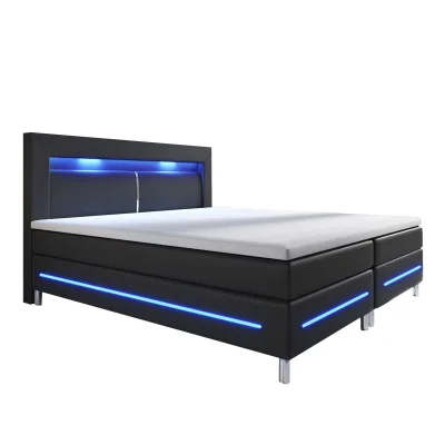 Juskys Boxspringbett Norfolk 140 x 200 cm – LED Beleuchtung, Bonell-Matratzen & Topper - schwarz