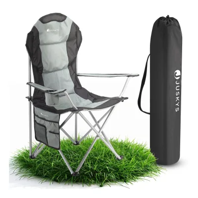 Juskys Campingstuhl Lido mit Getränkehalter & Tasche - Camping Klappstuhl gepolstert - Stuhl Grau